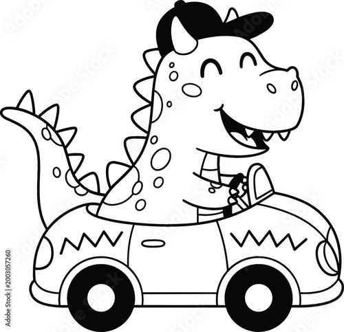 Cartoon dinosaur driving car with baseball cap playful illustration for kids vector projects