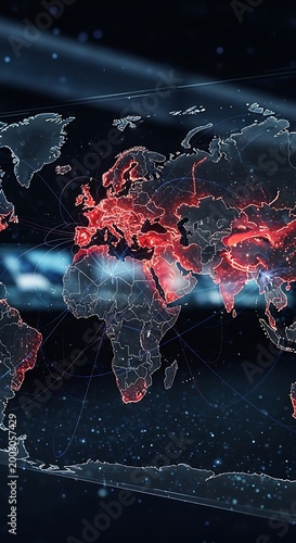 Map with glowing conflict zones, geopolitical tension concept