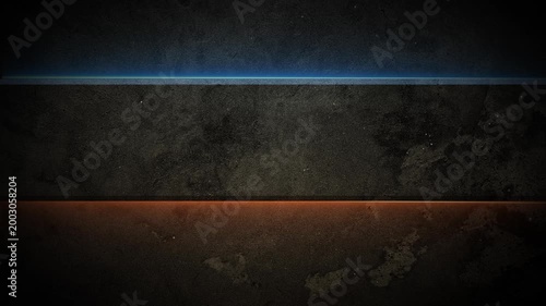 Abstract grunge wall and strip with blue-orange neon glow. 4K