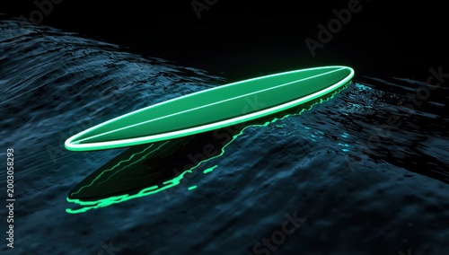 Glowing surfboard on dark water with illuminated edges, creating an atmosphere of adventure and tranquility at night