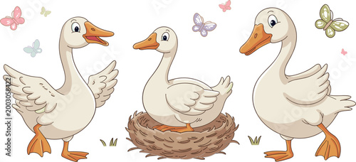 Cute goose family collection with mother goose in nest and butterflies for nursery decor, cartoon geese set for kids spring nature and farm storybook concepts isolated flat vector illustration