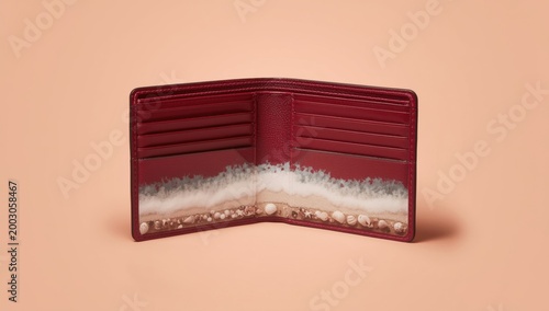 Red wallet with an open design showcasing an interior contrasting cream and beige colors, resting on a soft peach background