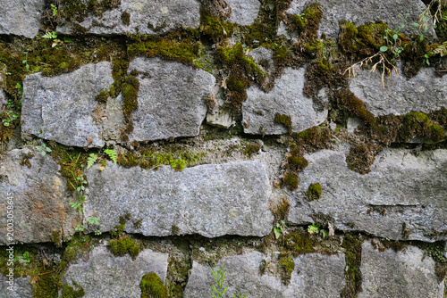 Old mossy brick wall texture, weathered stone background with natural pattern.