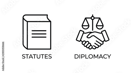 Foto Vector graphic illustration of law and diplomacy icons with handshake and scales