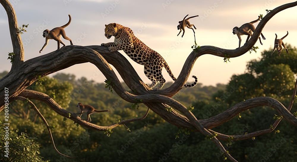 Fototapeta premium Leopard Balancing on Curved Tree Branch with Monkeys in Sunset Jungle