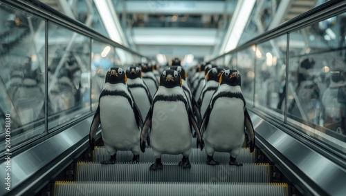 A group of penguins moving in line on an escalator, showcasing their unique black and white plumage against a modern architectural backdrop