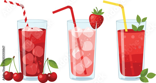 Set of Fresh Red Fruit Juices in Glasses with Straw Strawberry and Cherry Cartoon Illustration for Summer Beverage Design Isolated on White Background