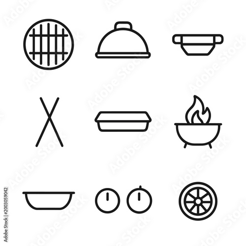 Minimalist cooking icon set featuring grill, fire, and kitchen tools