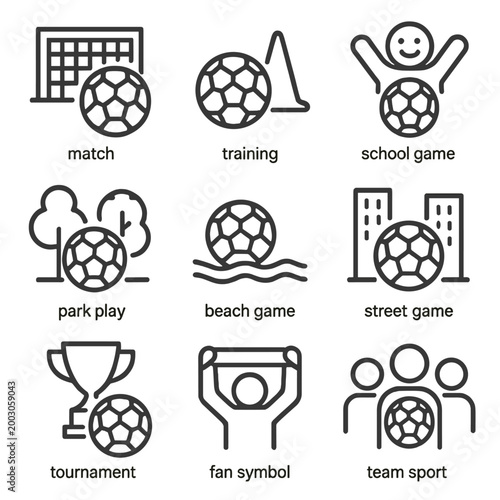 Icon set illustrating various soccer activities and sports themes