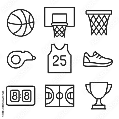 Icons of basketball elements: hoop, ball, jersey, court, trophy, shoe, whistle, timer
