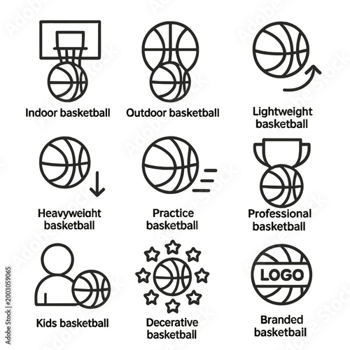 Basketball icons: indoor, outdoor, professional, kids, decorative, branded