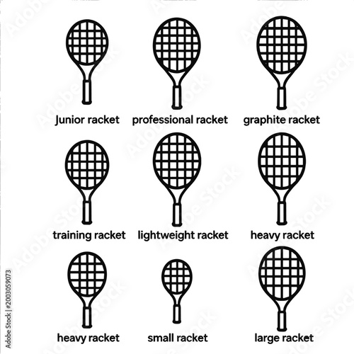 Variety of tennis rackets: junior, professional, graphite, and more types displayed