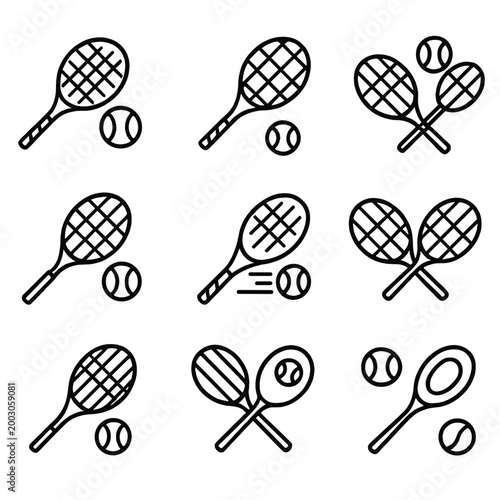 Tennis racket and ball icons set on dark background for sports design