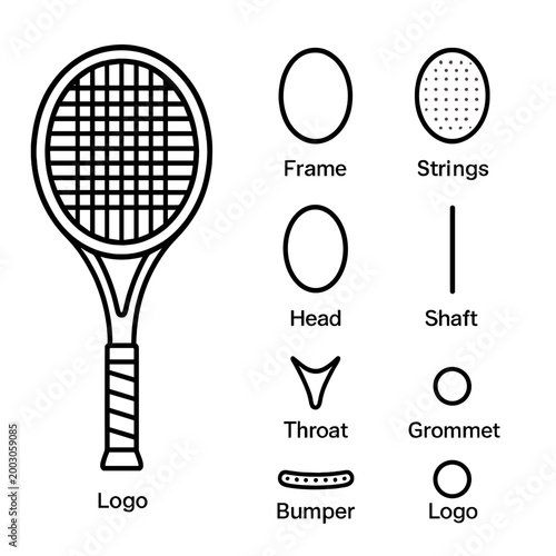 Tennis racket diagram highlighting frame, strings, and components