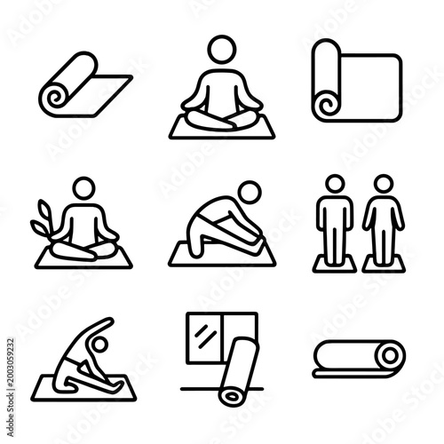 Yoga icons: poses and equipment in minimalist black line art on gray background