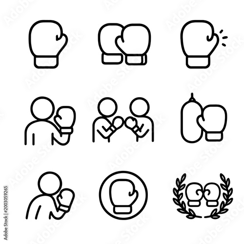 Boxing icon set featuring gloves, fighters, and punching bag illustrations