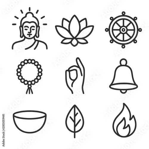 Buddhist symbols line icons: buddha, lotus, wheel, mala, meditation, bell, nature, fire