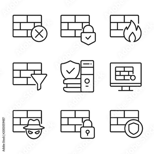 Cybersecurity icons: shield, firewall, lock, and security symbols on dark background