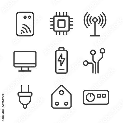 Minimalist electronic icons set featuring battery, circuit, and antenna designs