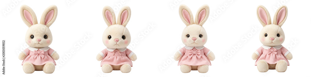Obraz premium Four white stuffed bunnies in pink dresses isolated on transparent background