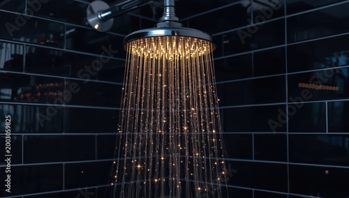Modern shower fixture with cascading water droplets against a dark tiled wall, creating a tranquil atmosphere