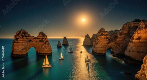 Sailing boats navigate through rocky sea formations under a vibrant sunset sky