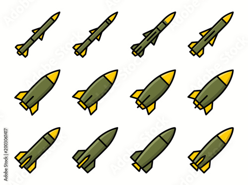 A clean flat vector illustration of a set of military rockets and missiles in different shapes and sizes