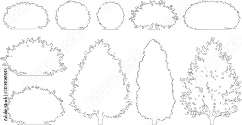 Minimalist tree and bush outline set, 9 architectural landscape plant silhouettes, thin line vector greenery for site plans and elevations