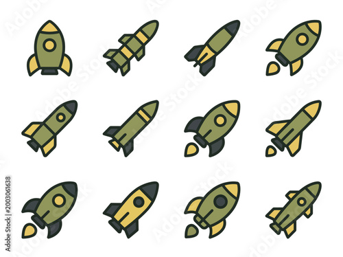 A clean flat vector illustration of a set of military rockets and missiles in different shapes and sizes