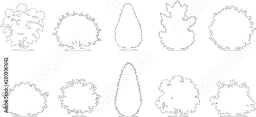 Minimalist bush outline set, 10 shrub vector icons for landscape architecture, black and white garden plant silhouettes, thin line greenery symbols