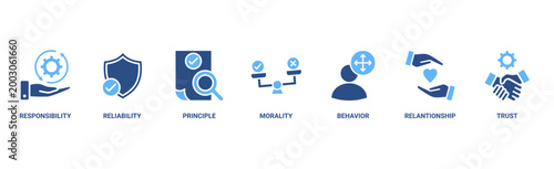 Business ethics banner web icon vector illustration concept for web and print with an icon of responsibility, reliability, principle, morality, behavior, relationship, and trust
