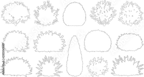 Minimalist bush outline icons, set of 14 landscape shrub vector symbols, architectural plant line art for garden planning and site maps