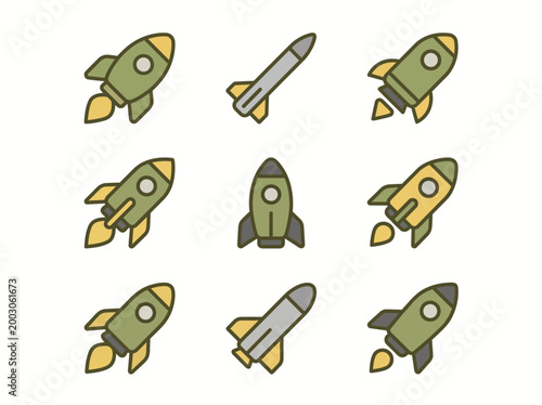 A clean flat vector illustration of a set of military rockets and missiles in different shapes and sizes