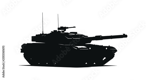 Black silhouette of a modern battle tank against a white background