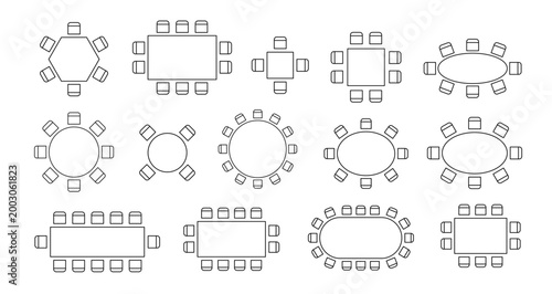 Top view seating chart featuring circular dining table and chairs, ideal for banquet hall layouts, conference room plans, and office furniture arrangement diagrams. Vector line icon