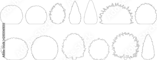 Minimalist bush outline vector set, 12 garden shrub line art icons, simple landscape plant silhouettes for architectural site plans and garden design
