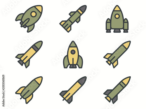 A clean flat vector illustration of a set of military rockets and missiles in different shapes and sizes