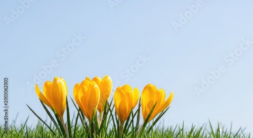 Vibrant yellow tulips bloom in lush green grass against a clear blue sky on sunny day