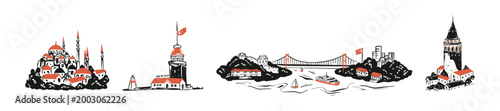 Istanbul city landmarks, famous touristic sights, ancient buildings. Hand drawn vintage sketch silhouette Bosphorus bridge, Galata tower, maiden tower, Sultanahmet mosque. Turkey ottoman architecture