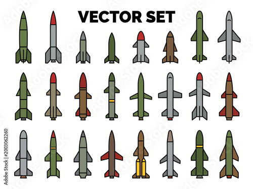 A clean flat vector illustration of a set of military rockets and missiles in different shapes and sizes
