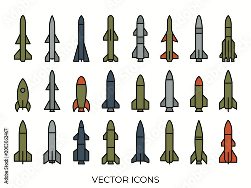 A clean flat vector illustration of a set of military rockets and missiles in different shapes and sizes