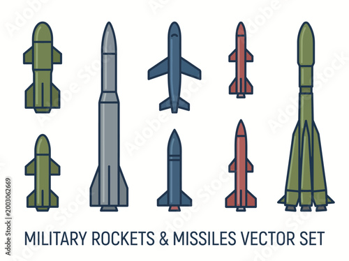 A clean flat vector illustration of a set of military rockets and missiles in different shapes and sizes