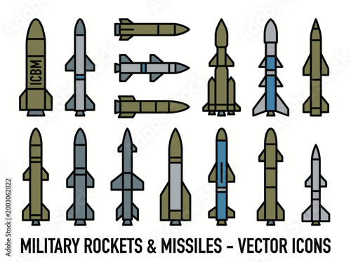 A clean flat vector illustration of a set of military rockets and missiles in different shapes and sizes