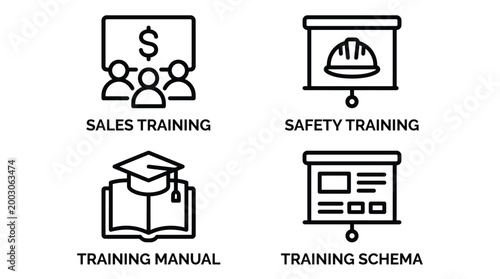 Bild auf Leinwand Vector graphic illustration of Black and white line icons for business training