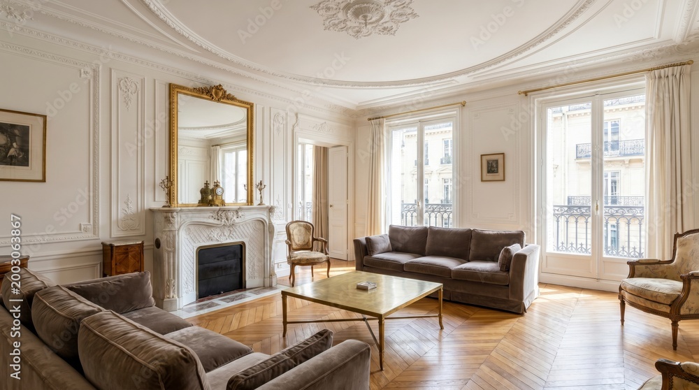 Fototapeta premium luxury parisian living room with fireplace and elegant decor in natural light