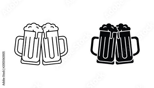 Two clinking beer mugs illustration with overflowing foam depicting a celebratory toast in black and white
