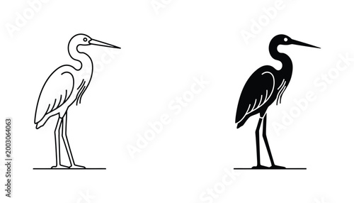 Minimalist wading bird outline and solid black silhouette vector illustration standing with a long straight beak and elegant slender neck