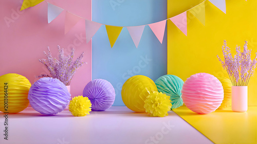 Colorful paper lanterns and flowers on pastel background with festive bunting celebrating party decoration ideas
