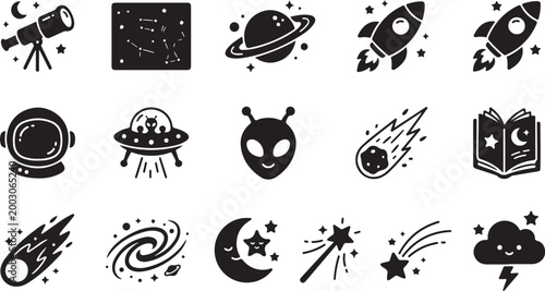 Black and white of space astronomy planets moons rockets and celestial