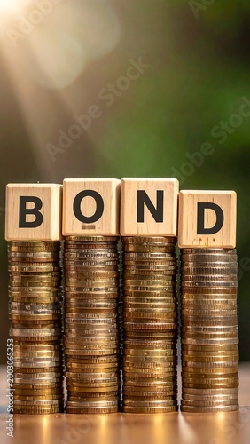 Wooden Blocks Spelling Bond On Stacked Coin Columns With Sunlight.